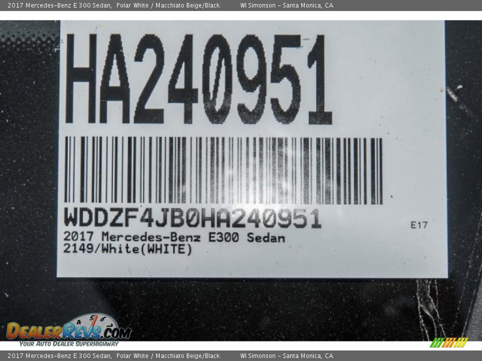 2017 Mercedes-Benz E 300 Sedan Polar White / Macchiato Beige/Black Photo #10