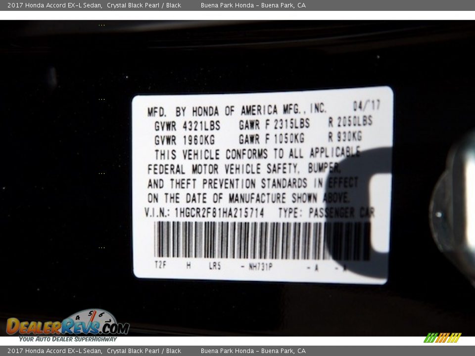 2017 Honda Accord EX-L Sedan Crystal Black Pearl / Black Photo #19