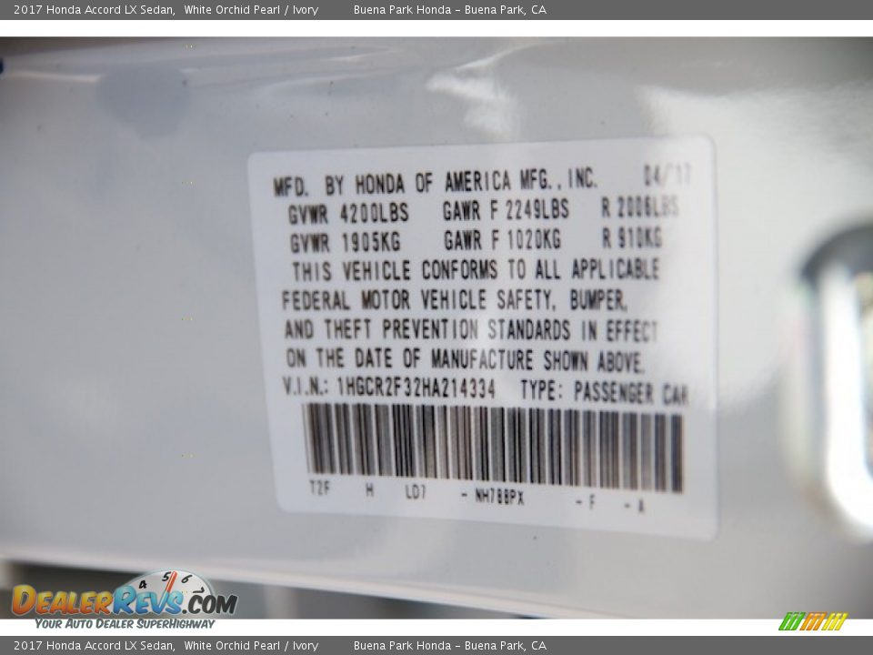 2017 Honda Accord LX Sedan White Orchid Pearl / Ivory Photo #16