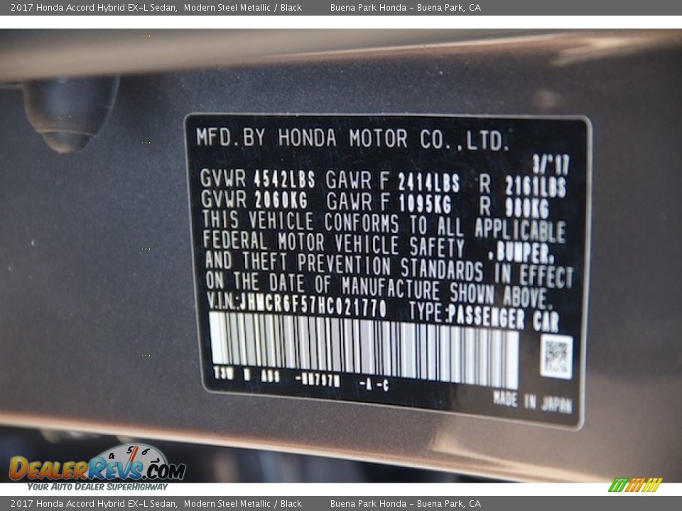 2017 Honda Accord Hybrid EX-L Sedan Modern Steel Metallic / Black Photo #19