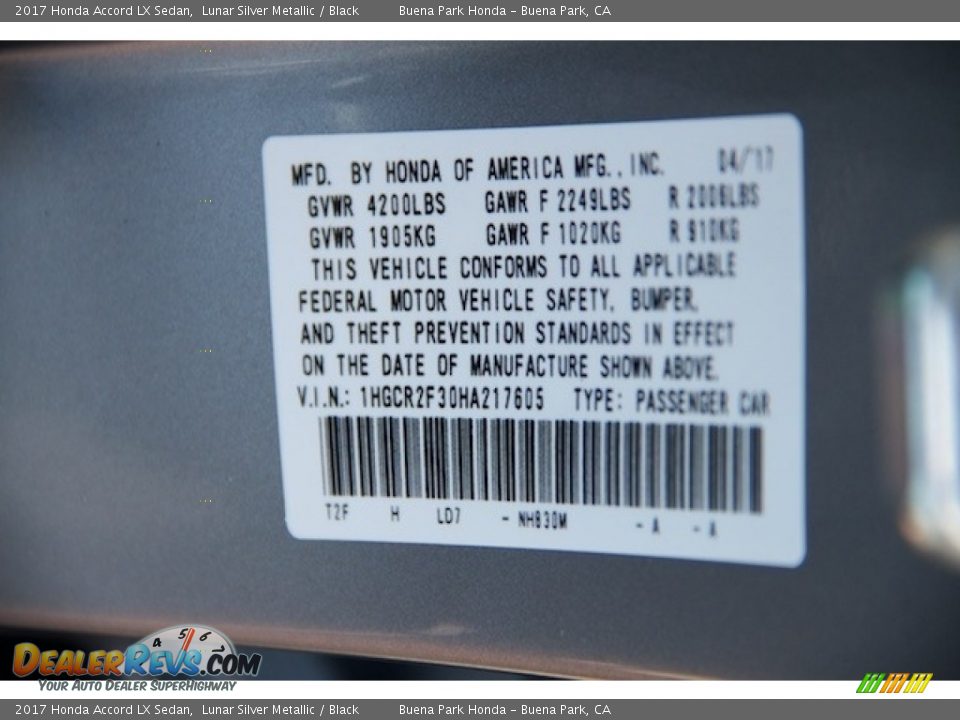 2017 Honda Accord LX Sedan Lunar Silver Metallic / Black Photo #16
