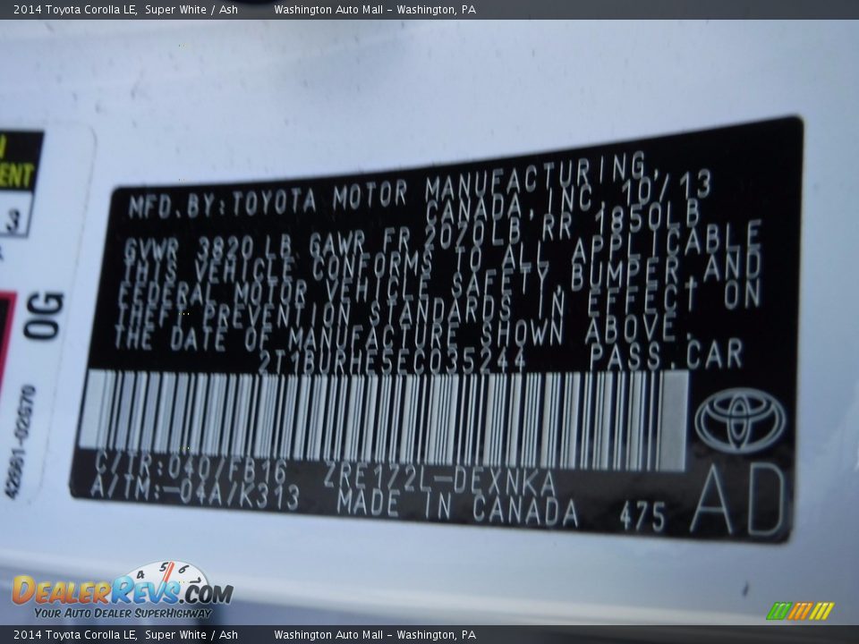 2014 Toyota Corolla LE Super White / Ash Photo #24