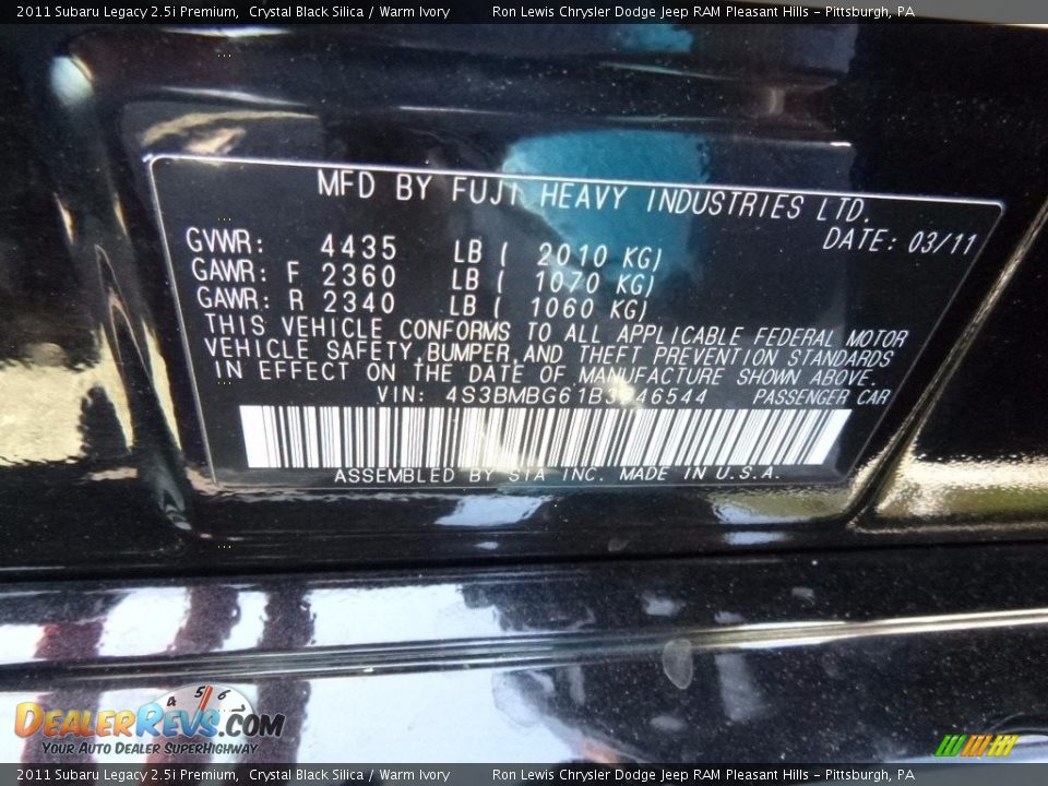 2011 Subaru Legacy 2.5i Premium Crystal Black Silica / Warm Ivory Photo #15