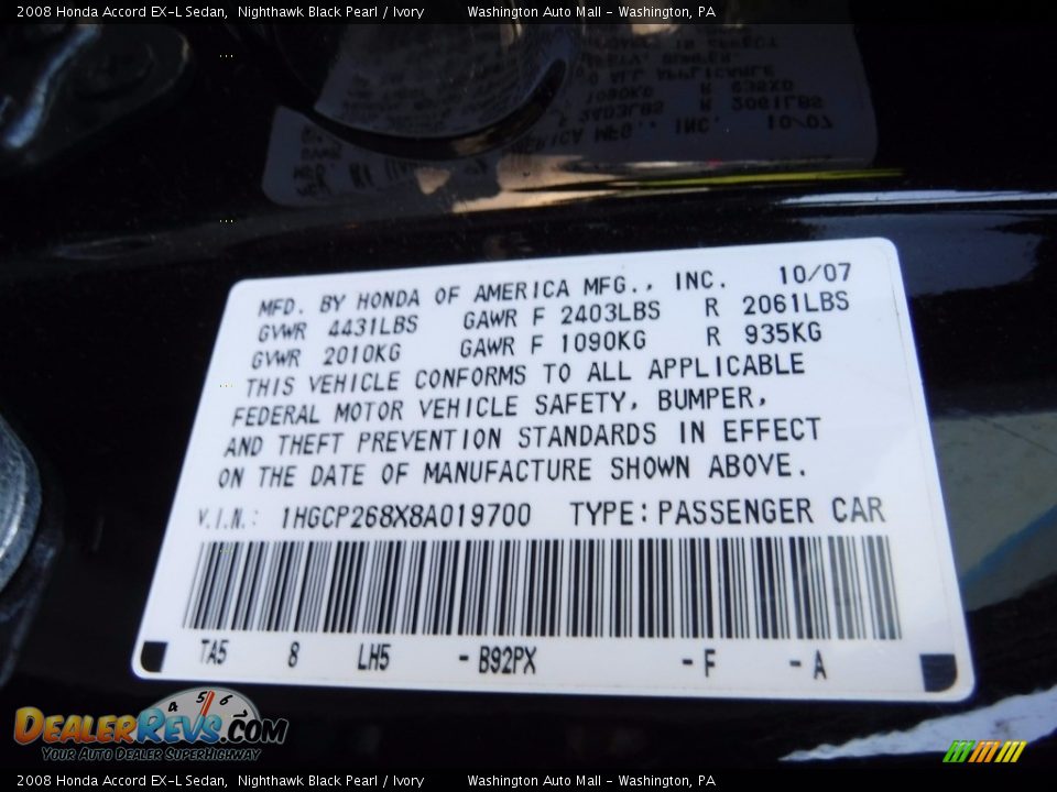 2008 Honda Accord EX-L Sedan Nighthawk Black Pearl / Ivory Photo #24