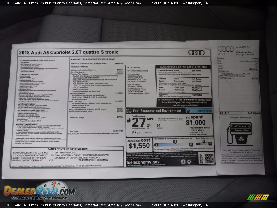 2018 Audi A5 Premium Plus quattro Cabriolet Window Sticker Photo #8