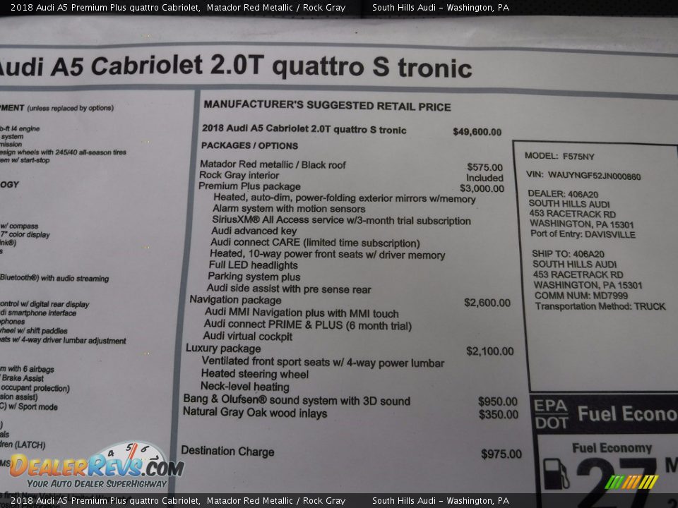 2018 Audi A5 Premium Plus quattro Cabriolet Window Sticker Photo #9