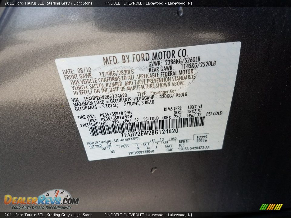 2011 Ford Taurus SEL Sterling Grey / Light Stone Photo #17
