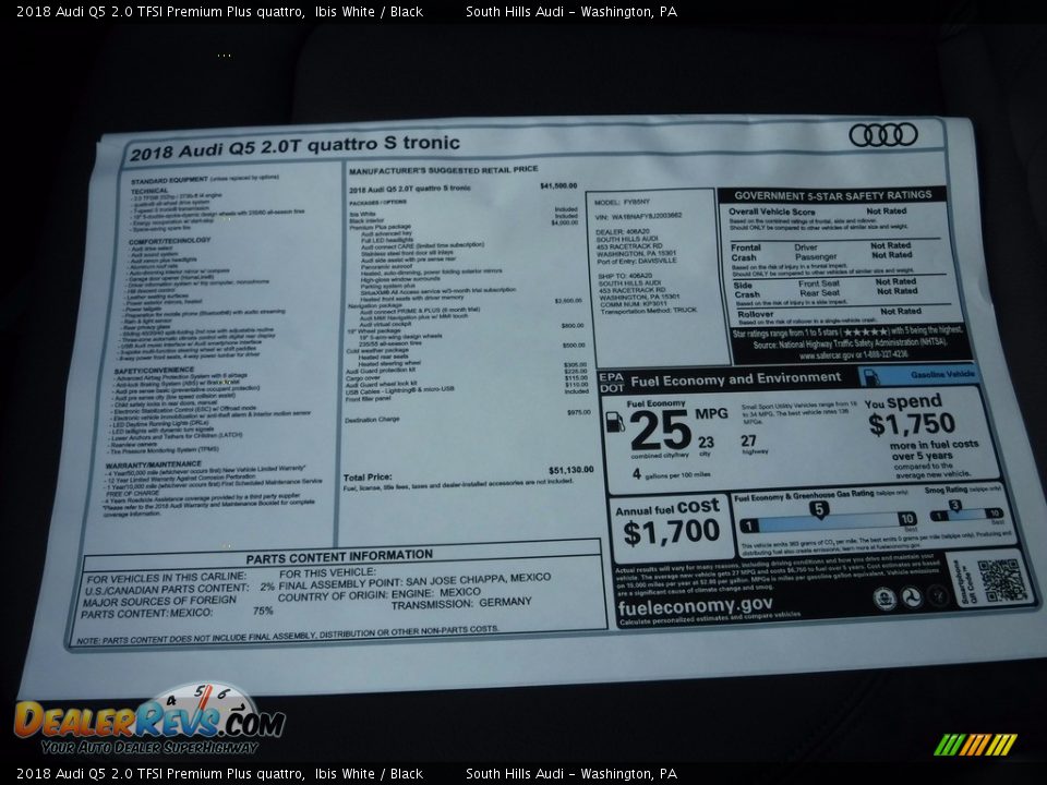 2018 Audi Q5 2.0 TFSI Premium Plus quattro Window Sticker Photo #7