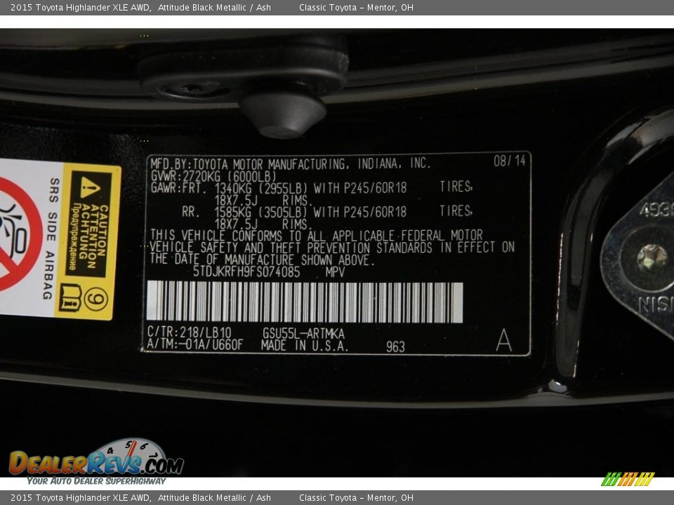 2015 Toyota Highlander XLE AWD Attitude Black Metallic / Ash Photo #21