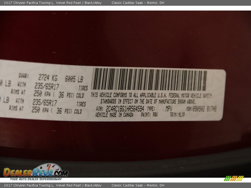 2017 Chrysler Pacifica Touring L Velvet Red Pearl / Black/Alloy Photo #18
