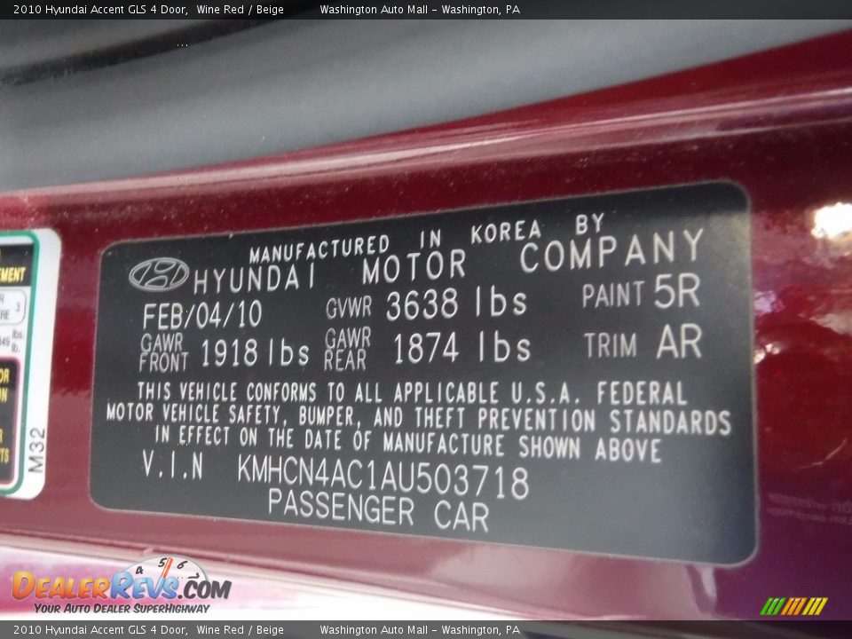 2010 Hyundai Accent GLS 4 Door Wine Red / Beige Photo #19