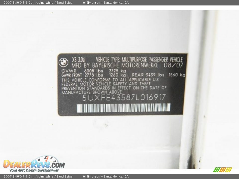 2007 BMW X5 3.0si Alpine White / Sand Beige Photo #21