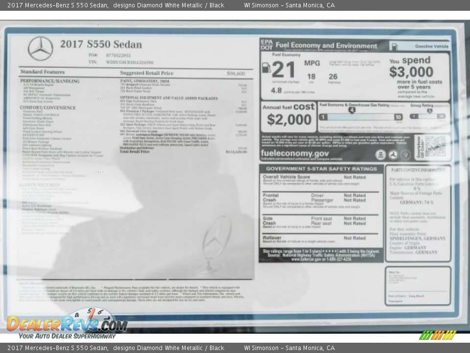 2017 Mercedes-Benz S 550 Sedan designo Diamond White Metallic / Black Photo #11