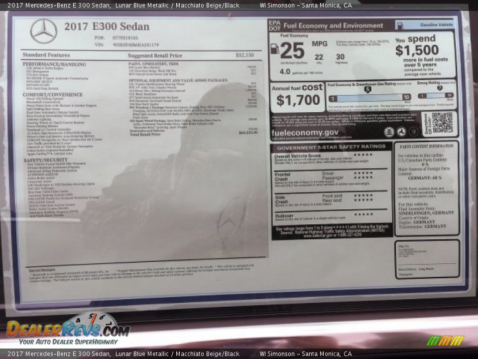 2017 Mercedes-Benz E 300 Sedan Lunar Blue Metallic / Macchiato Beige/Black Photo #11