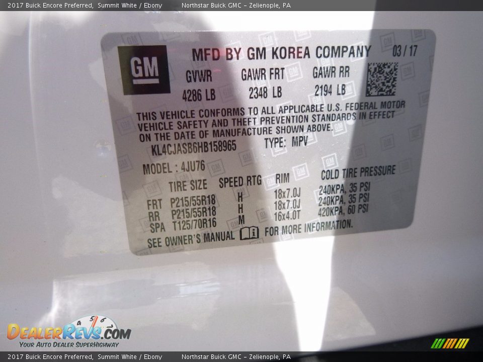 2017 Buick Encore Preferred Summit White / Ebony Photo #16
