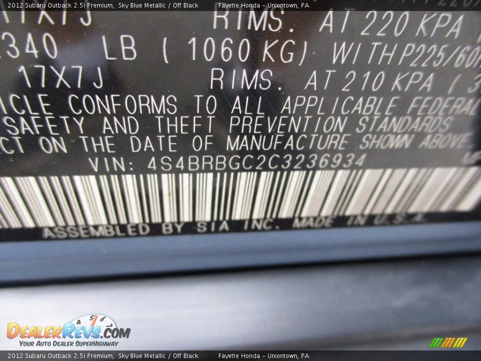2012 Subaru Outback 2.5i Premium Sky Blue Metallic / Off Black Photo #9