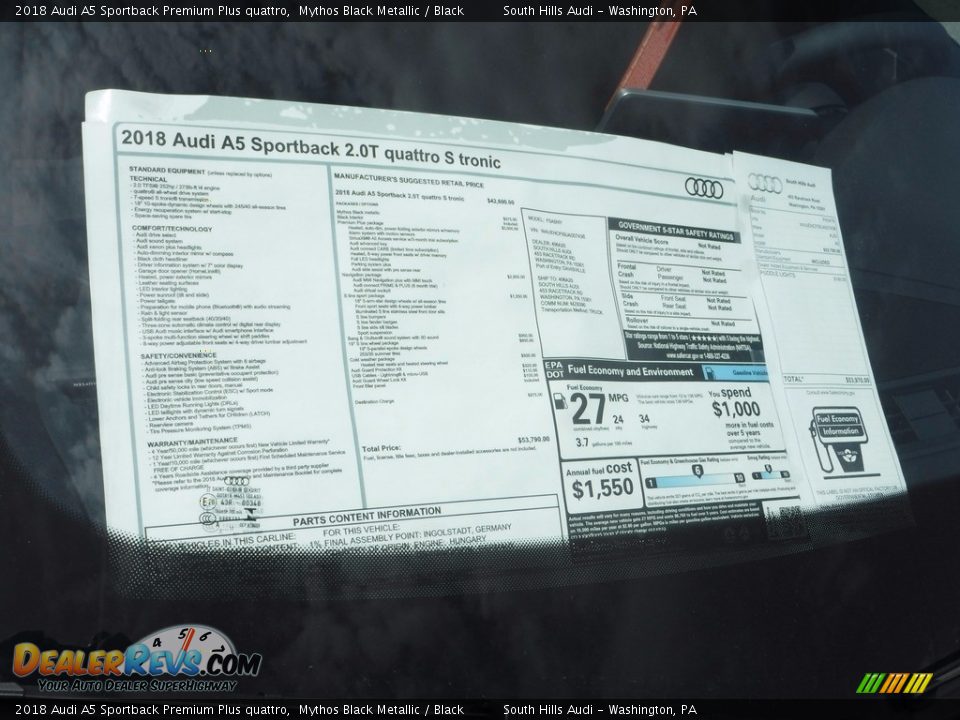 2018 Audi A5 Sportback Premium Plus quattro Window Sticker Photo #10