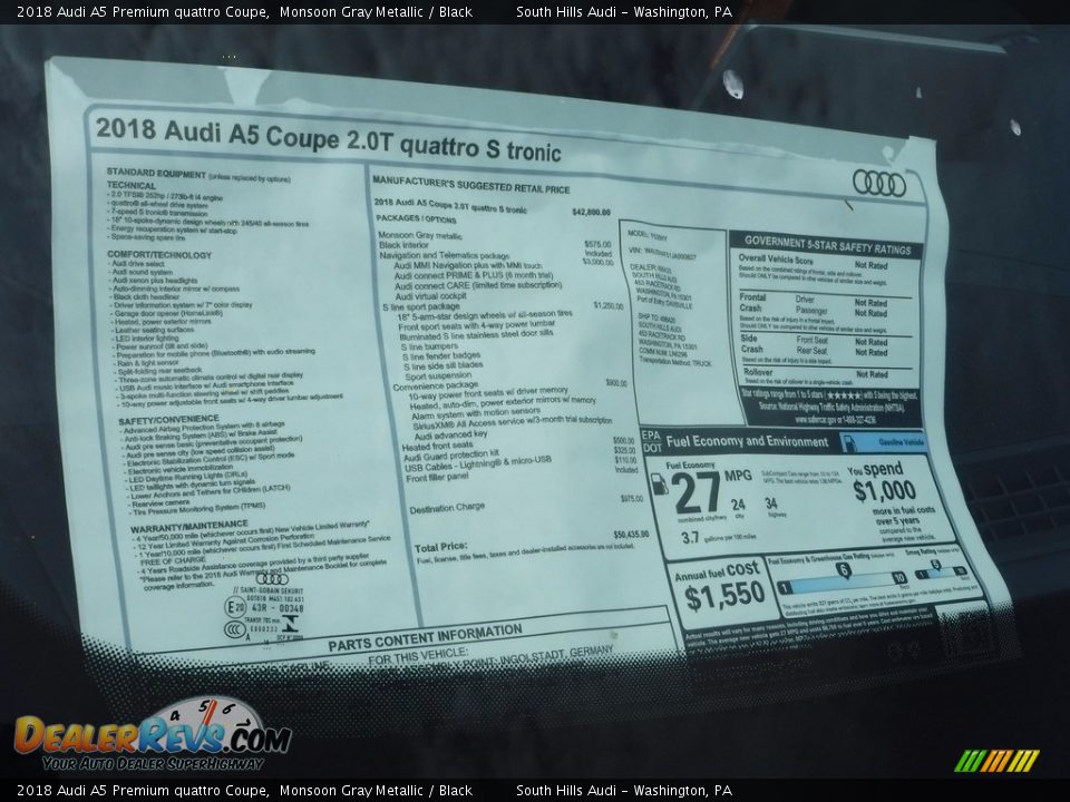 2018 Audi A5 Premium quattro Coupe Monsoon Gray Metallic / Black Photo #10