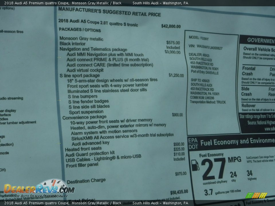 2018 Audi A5 Premium quattro Coupe Monsoon Gray Metallic / Black Photo #11