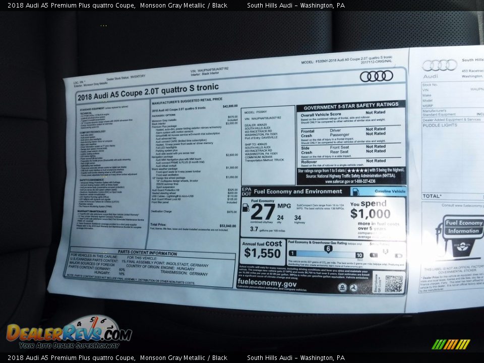 2018 Audi A5 Premium Plus quattro Coupe Window Sticker Photo #10