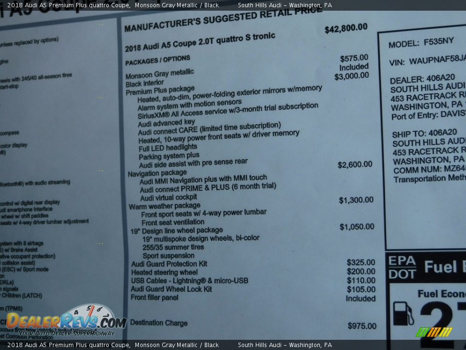 2018 Audi A5 Premium Plus quattro Coupe Window Sticker Photo #11