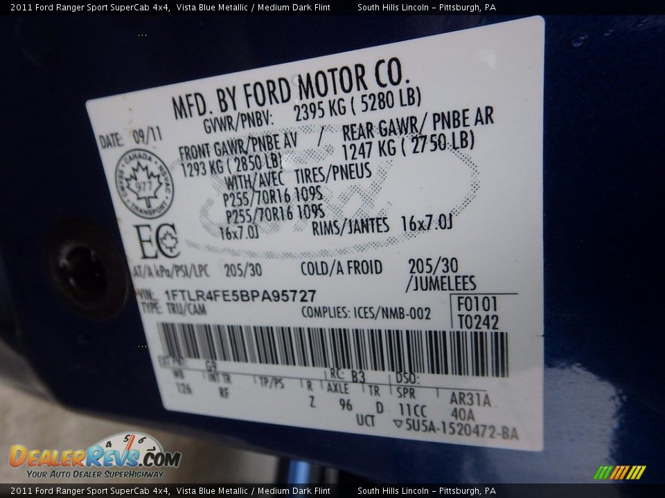 2011 Ford Ranger Sport SuperCab 4x4 Vista Blue Metallic / Medium Dark Flint Photo #24