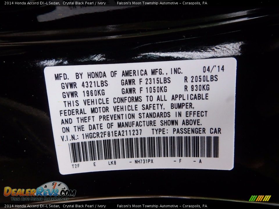 2014 Honda Accord EX-L Sedan Crystal Black Pearl / Ivory Photo #23