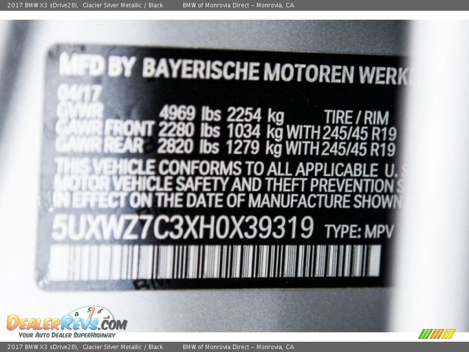 2017 BMW X3 sDrive28i Glacier Silver Metallic / Black Photo #11