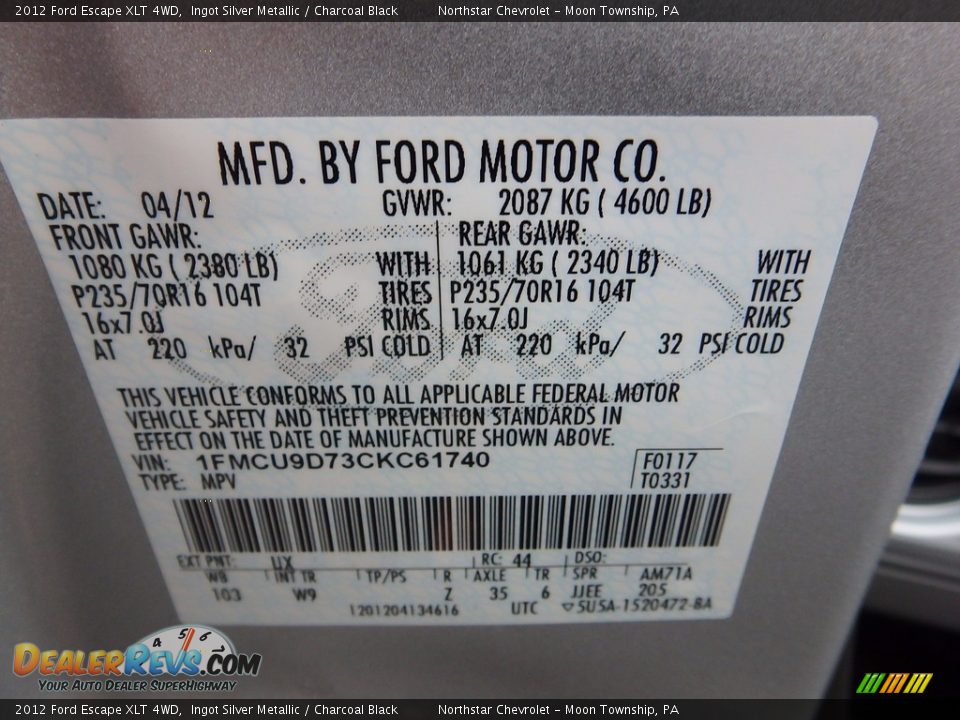 2012 Ford Escape XLT 4WD Ingot Silver Metallic / Charcoal Black Photo #29