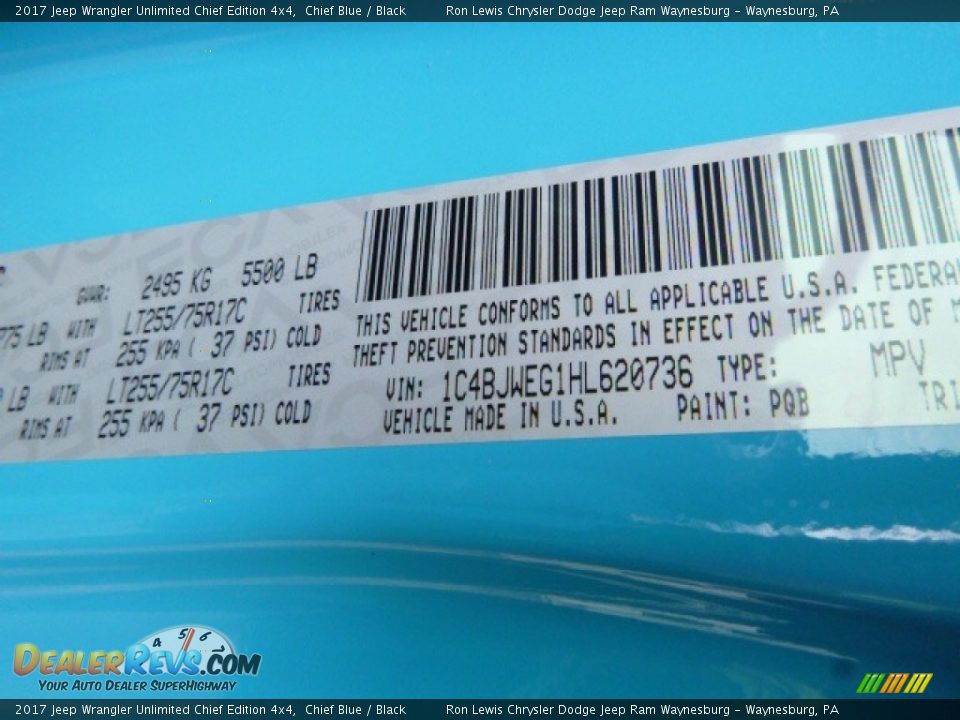 2017 Jeep Wrangler Unlimited Chief Edition 4x4 Chief Blue / Black Photo #15