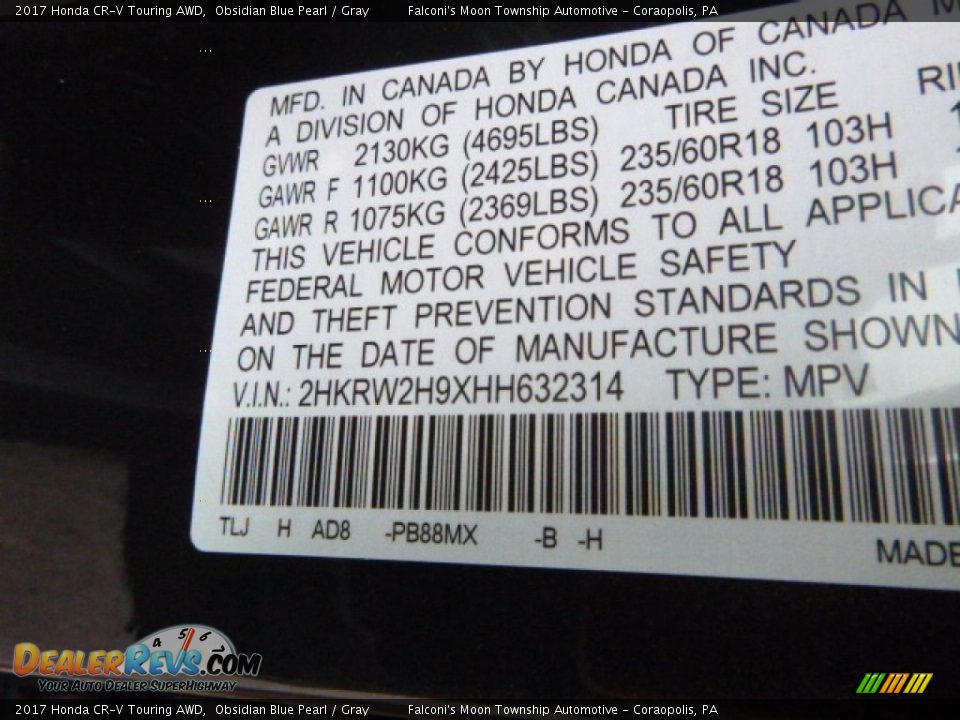 2017 Honda CR-V Touring AWD Obsidian Blue Pearl / Gray Photo #11