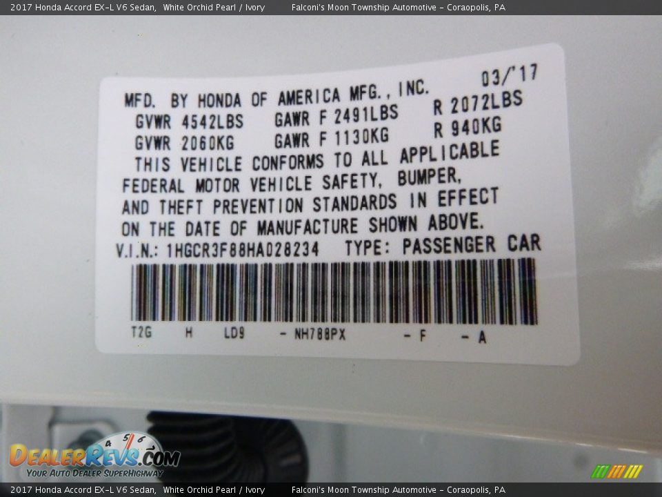 2017 Honda Accord EX-L V6 Sedan White Orchid Pearl / Ivory Photo #13