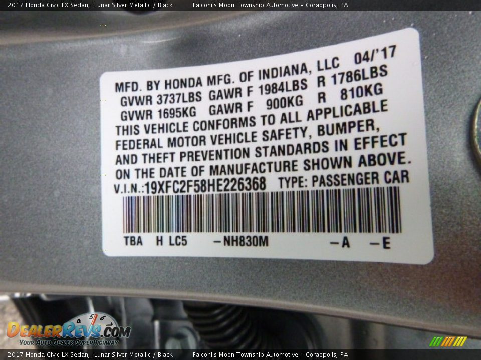 2017 Honda Civic LX Sedan Lunar Silver Metallic / Black Photo #12