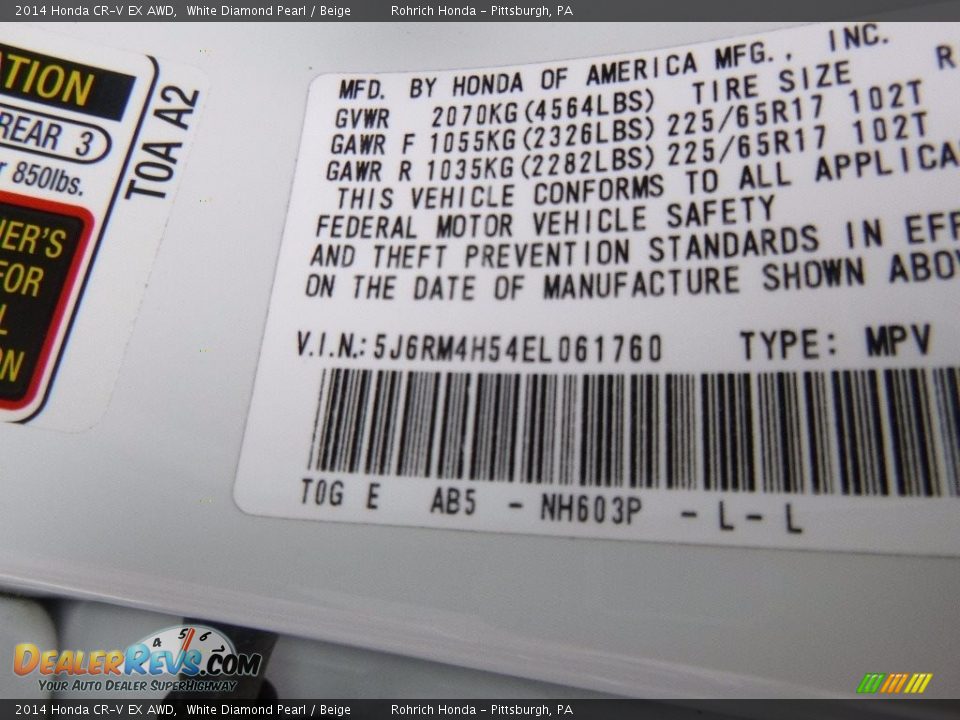 2014 Honda CR-V EX AWD White Diamond Pearl / Beige Photo #27