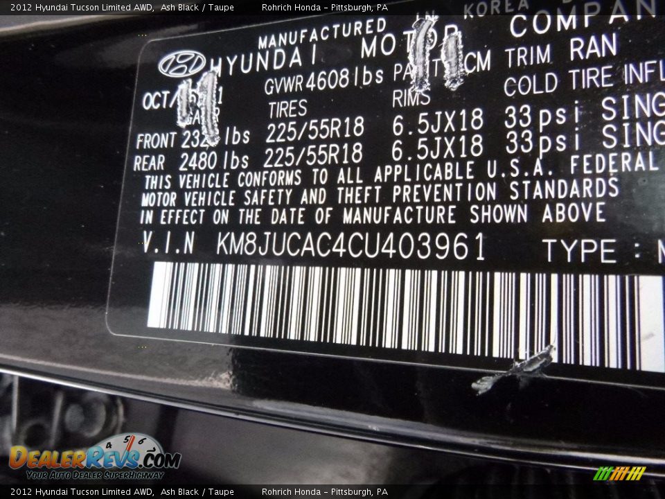 2012 Hyundai Tucson Limited AWD Ash Black / Taupe Photo #27