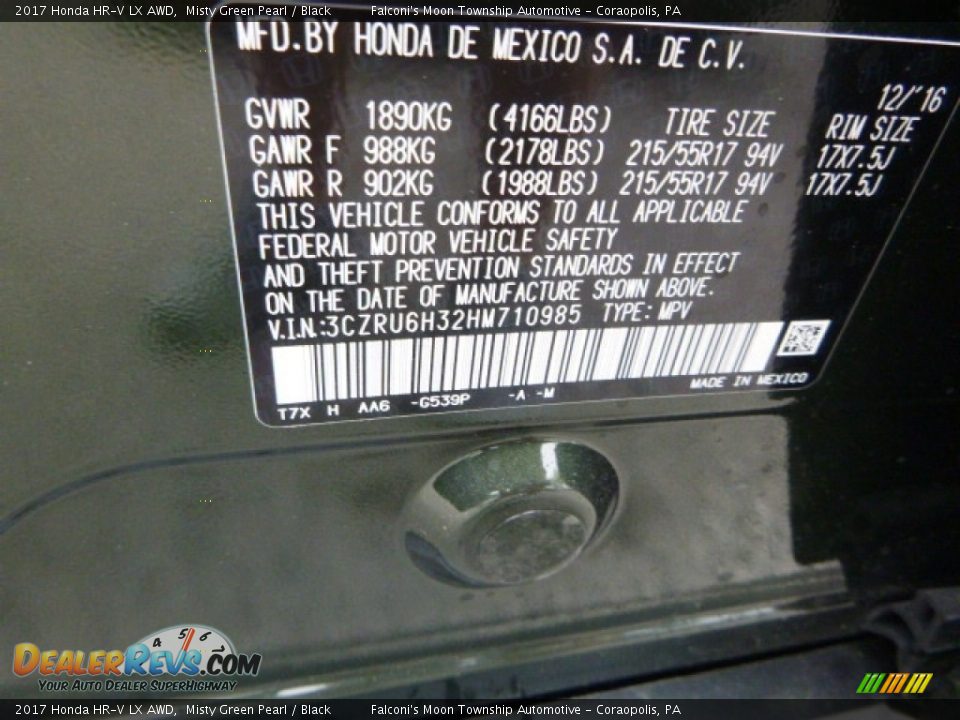 2017 Honda HR-V LX AWD Misty Green Pearl / Black Photo #13