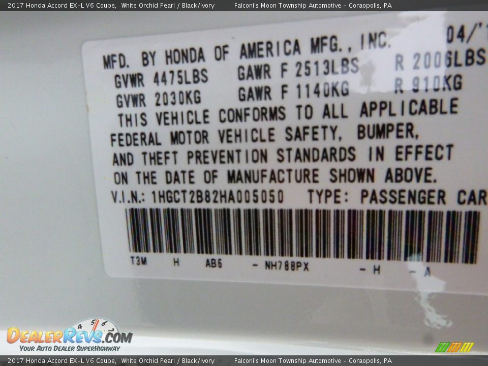 2017 Honda Accord EX-L V6 Coupe White Orchid Pearl / Black/Ivory Photo #13