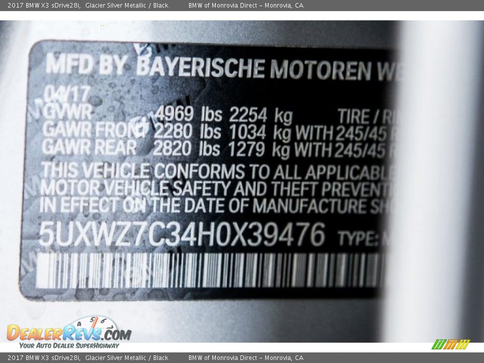 2017 BMW X3 sDrive28i Glacier Silver Metallic / Black Photo #11