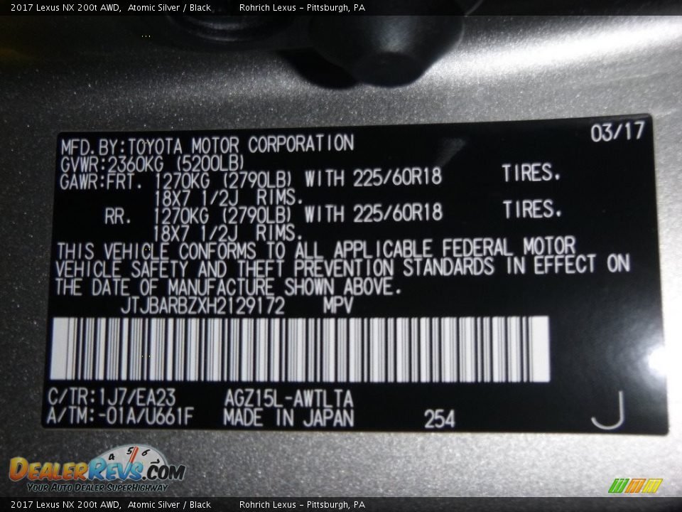 2017 Lexus NX 200t AWD Atomic Silver / Black Photo #10