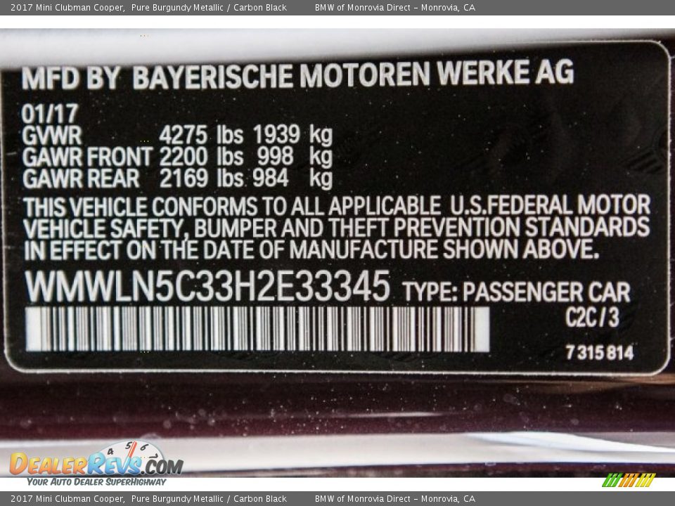 2017 Mini Clubman Cooper Pure Burgundy Metallic / Carbon Black Photo #11