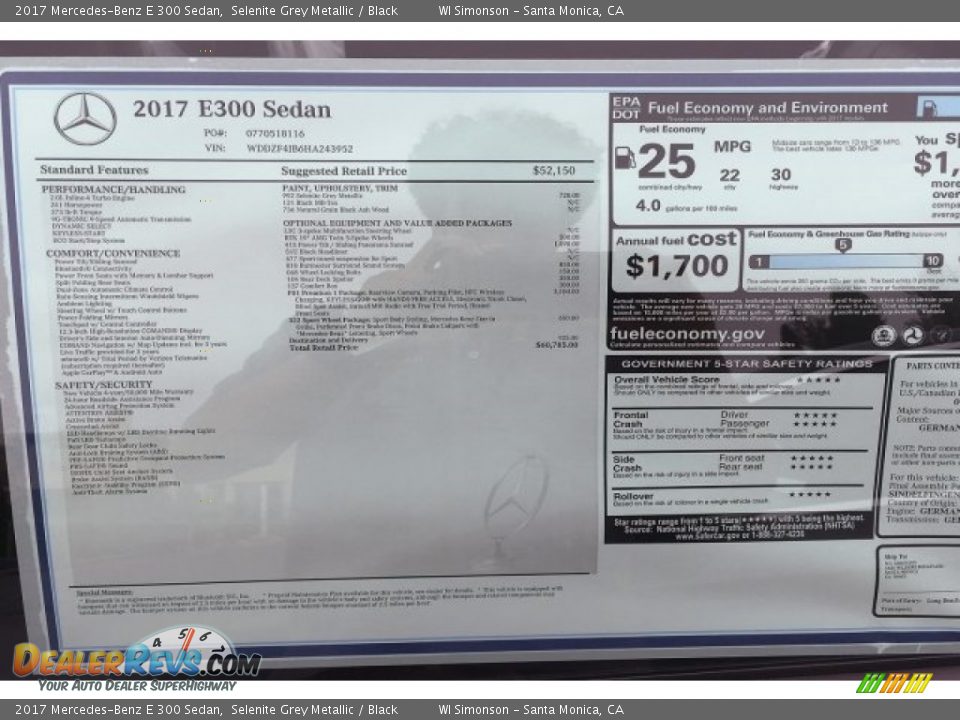 2017 Mercedes-Benz E 300 Sedan Selenite Grey Metallic / Black Photo #11