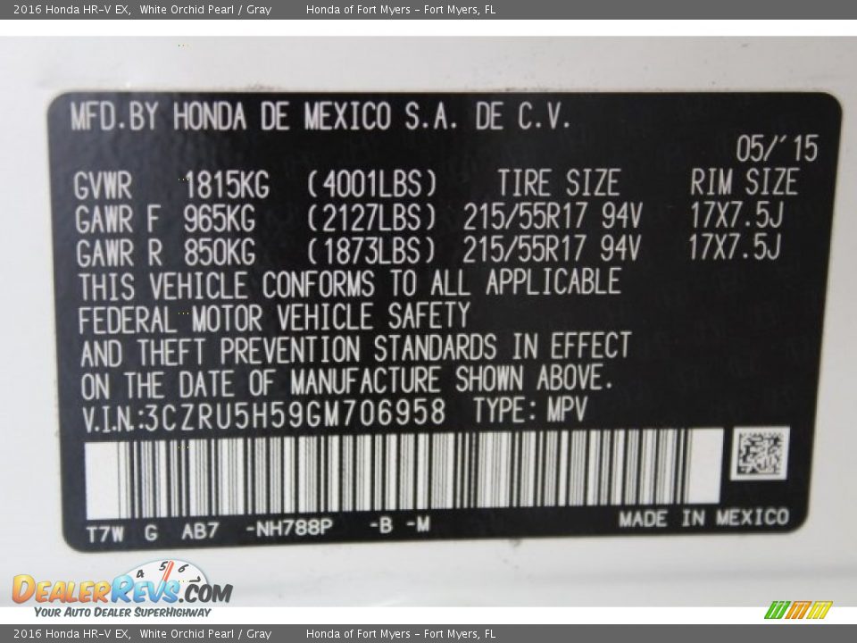 2016 Honda HR-V EX White Orchid Pearl / Gray Photo #35