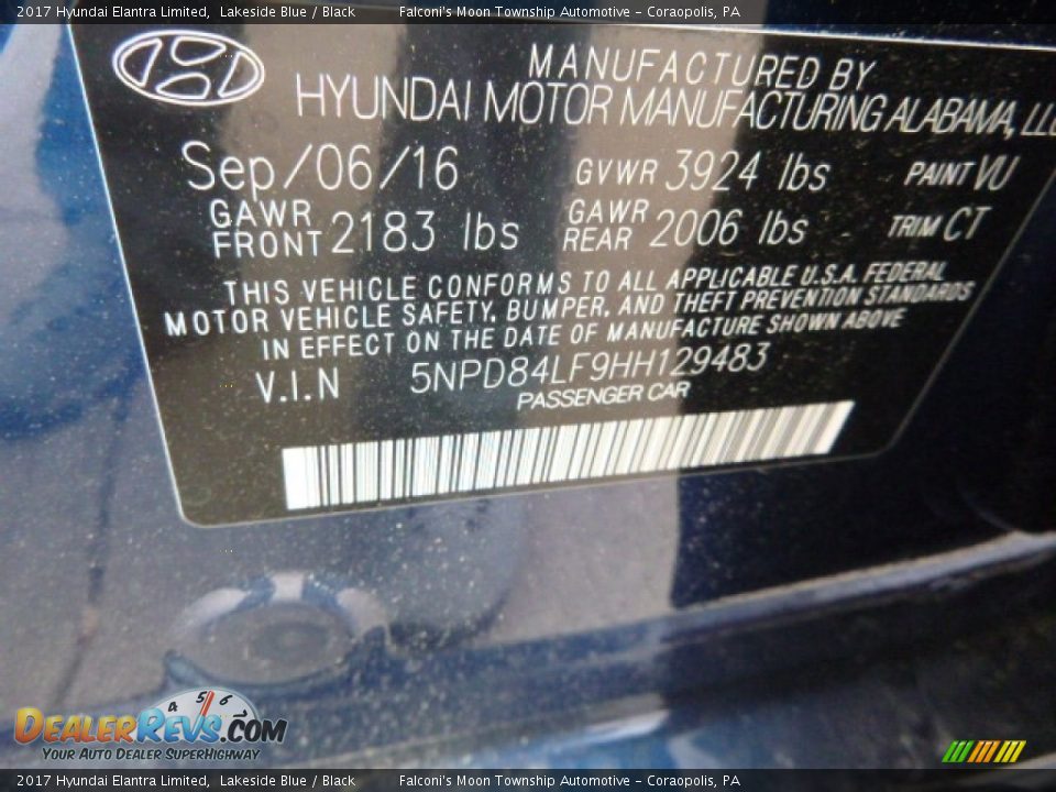 2017 Hyundai Elantra Limited Lakeside Blue / Black Photo #11