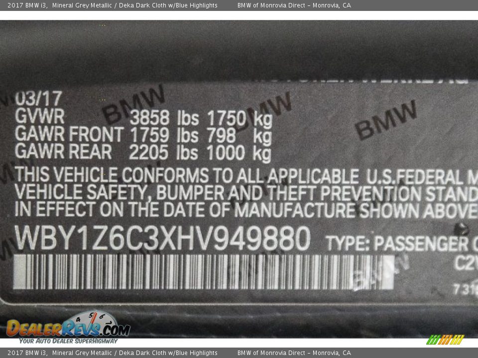 2017 BMW i3 Mineral Grey Metallic / Deka Dark Cloth w/Blue Highlights Photo #10