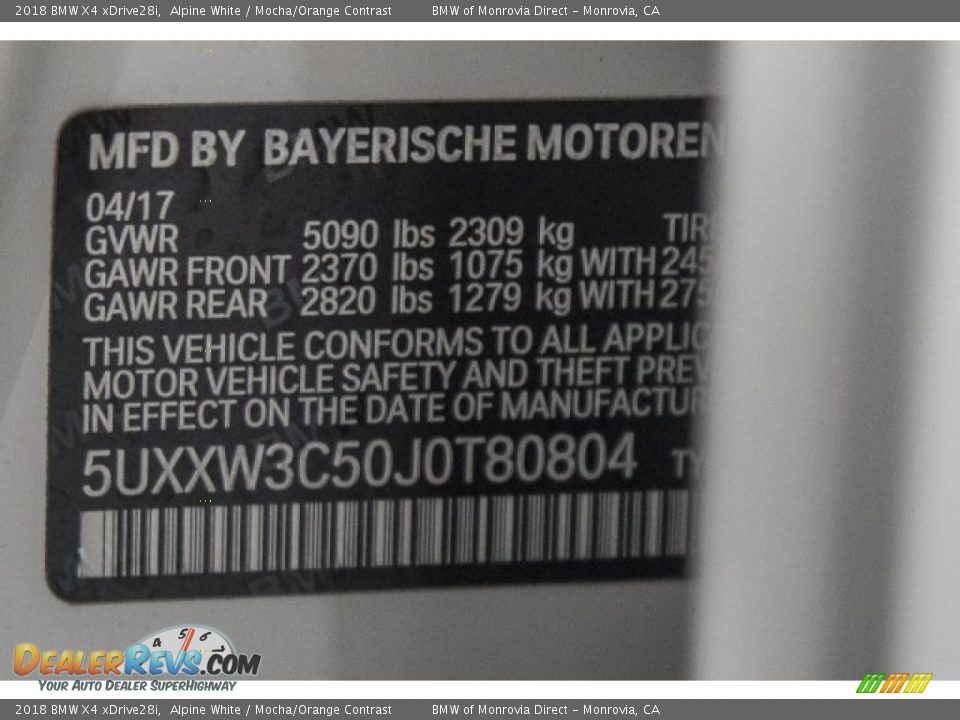 2018 BMW X4 xDrive28i Alpine White / Mocha/Orange Contrast Photo #11