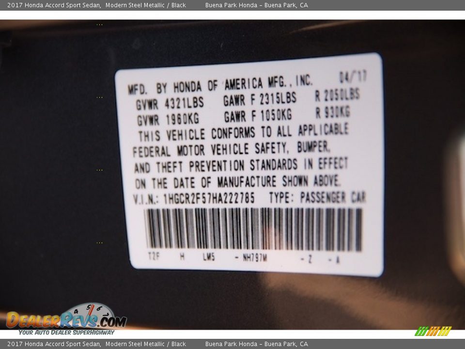 2017 Honda Accord Sport Sedan Modern Steel Metallic / Black Photo #16