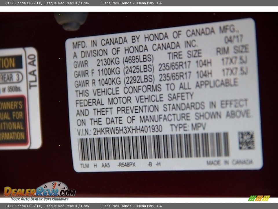 2017 Honda CR-V LX Basque Red Pearl II / Gray Photo #19