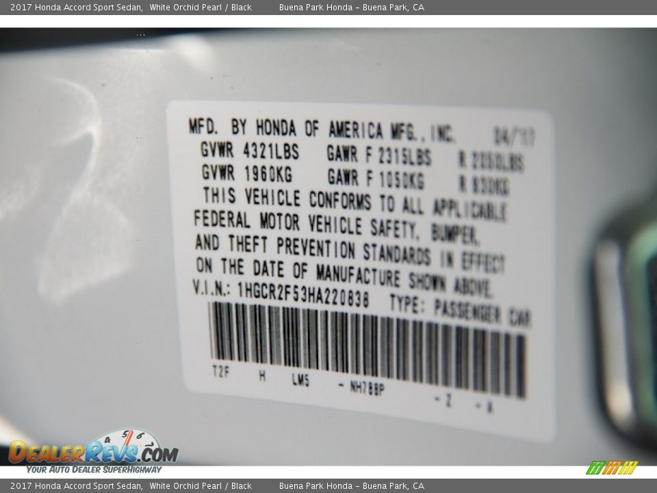 2017 Honda Accord Sport Sedan White Orchid Pearl / Black Photo #16