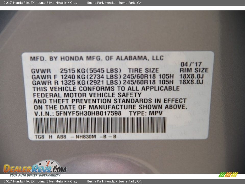 2017 Honda Pilot EX Lunar Silver Metallic / Gray Photo #19