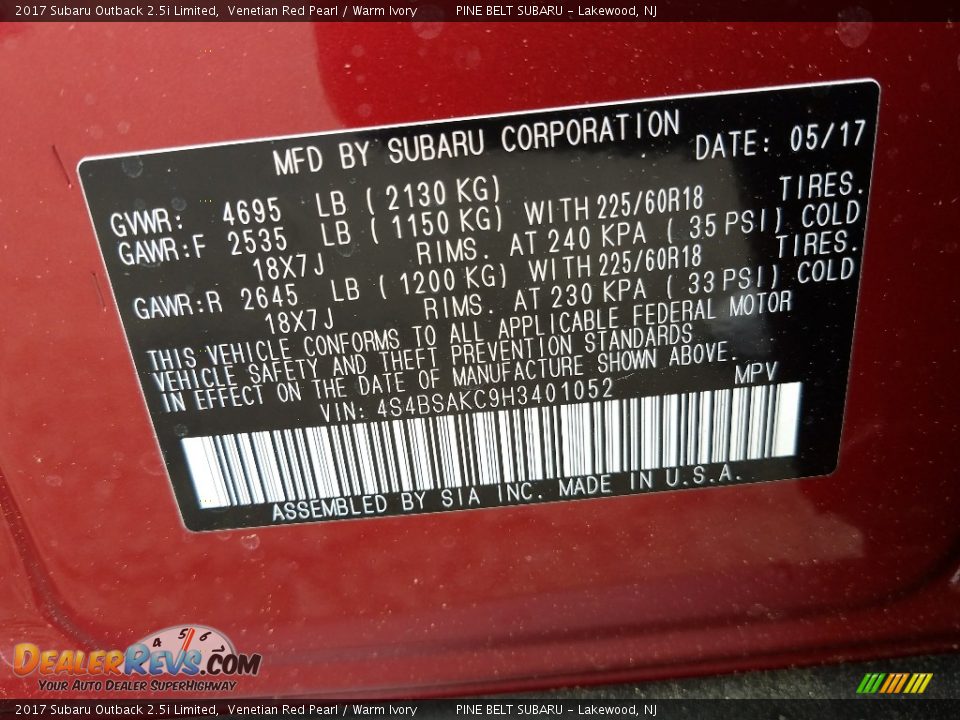 2017 Subaru Outback 2.5i Limited Venetian Red Pearl / Warm Ivory Photo #9